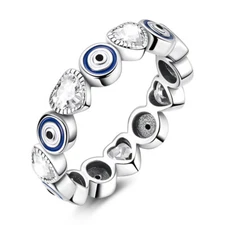 MULA Women's 925 Sterling Silver Ring with CZ Blue Eye & Heart Design Jewelry