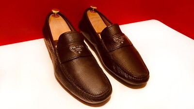 $849.00 !! PRADA MEN LUXURY BROWN PEBBLED LEATHER LOAFERS