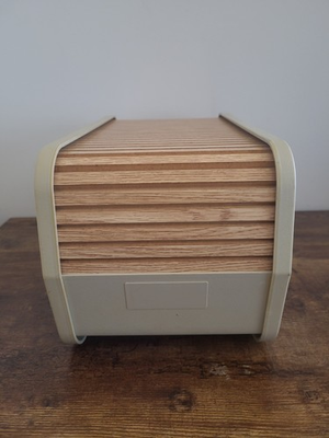 #ad VINTAGE 1983 UNIQUE Faux Wood Plastic Roll Top 5 1 4quot; Floppy Disk Case Storage $21.24
