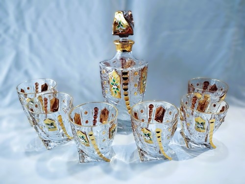 Czech bohemia Quadro crystal cut glass - Whisky set 6+1 decorated gold and enam - Picture 1 of 6