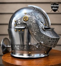 Engraved Medieval Close Helmet Wearable Knight Steel Armor Helmet LARP Costume