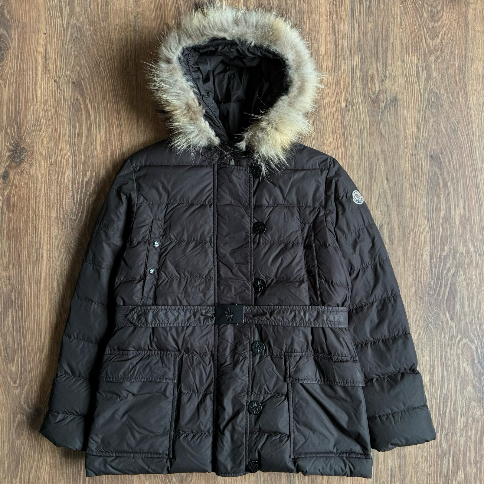 Moncler Brown Down Puffer Jacket with Fur Hood Size 4 for Women
