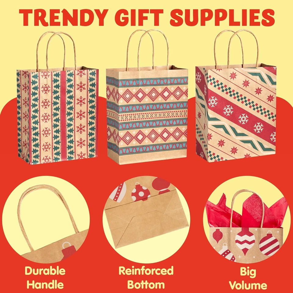 48 Pcs Christmas Kraft Gift Bags 7x9x3.5 8 Designs Handles Party Favors Bulk Set Foto 2 de 4