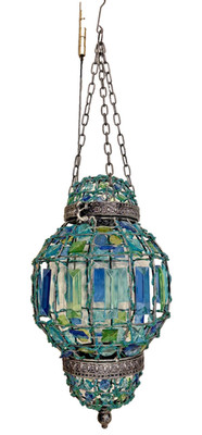 CEILING PENDANT CANDLE LIGHT-PEACOCK BLUE/GREEN TIFFANY STYLE STAINED GLASS