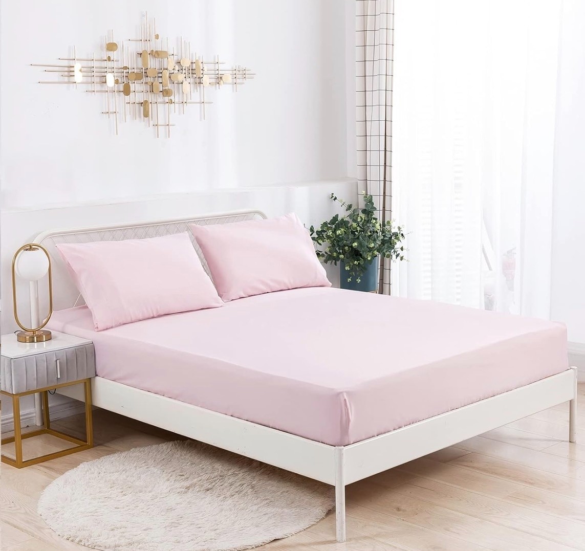 Drap-housse rose pâle 140x190 coton 57 fils drap de lit extensible 2 places