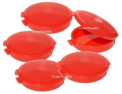 Tupperware Mini Clamshell Pill Keeper Round Pocket Container Red Set of 5 New
