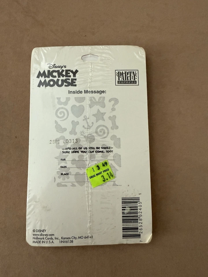 Mickey Mouse Disney Vintage Hallmark Party Express 8 Invitaciones de Papel Nuevo de Lote Antiguo NUEVO Foto 2 de 4