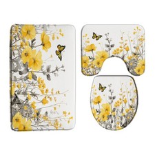 3 Piece Yellow Flower Bath Mat Set Rustic Farmhouse Yellow Floral Butterfly G...