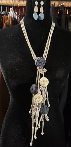 Yuvita Linen/Cotton Fabric Long Necklace W/ Earrings: Denim & Cream Roses & Lace - Picture 1 of 8