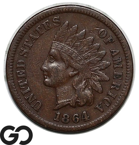 1864-L Indian Head Cent Penny, L On Ribbon, Re-Punched Date, Choice XF++