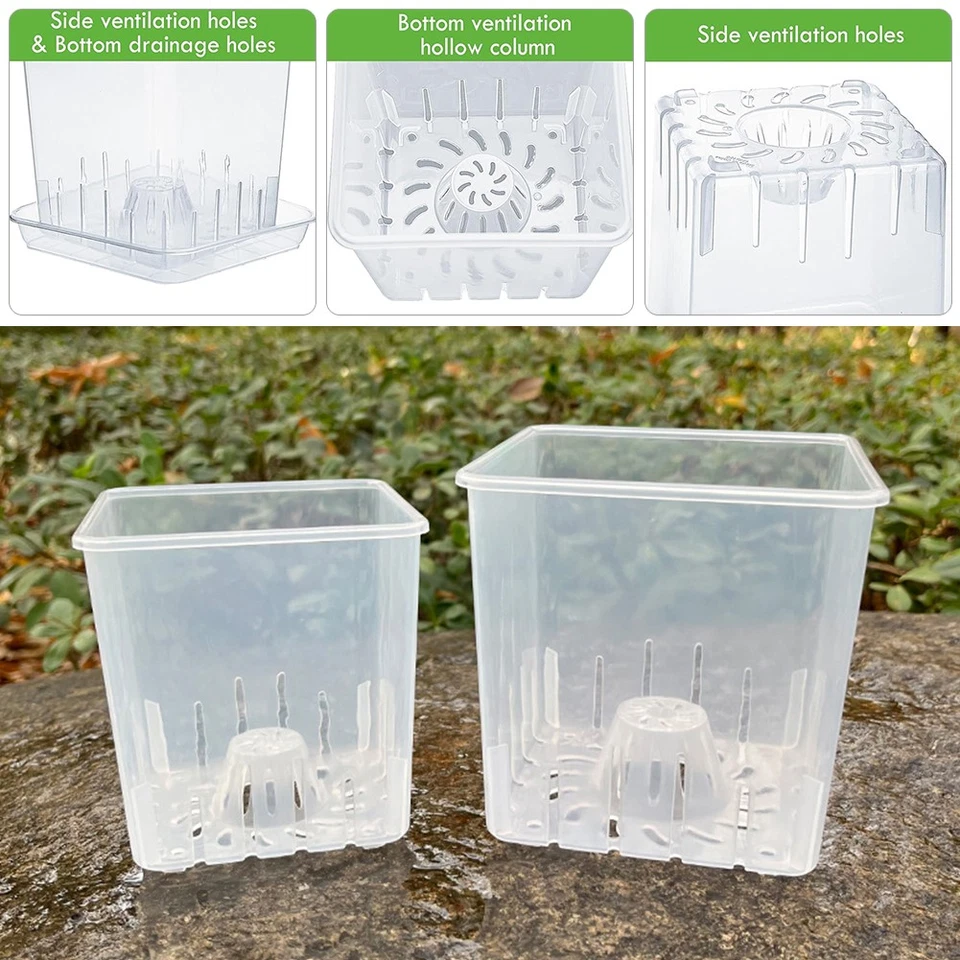5-50PCS Square Transparent Plastic Flower Pot Root Control With Tray Container - Image 3 of 4
