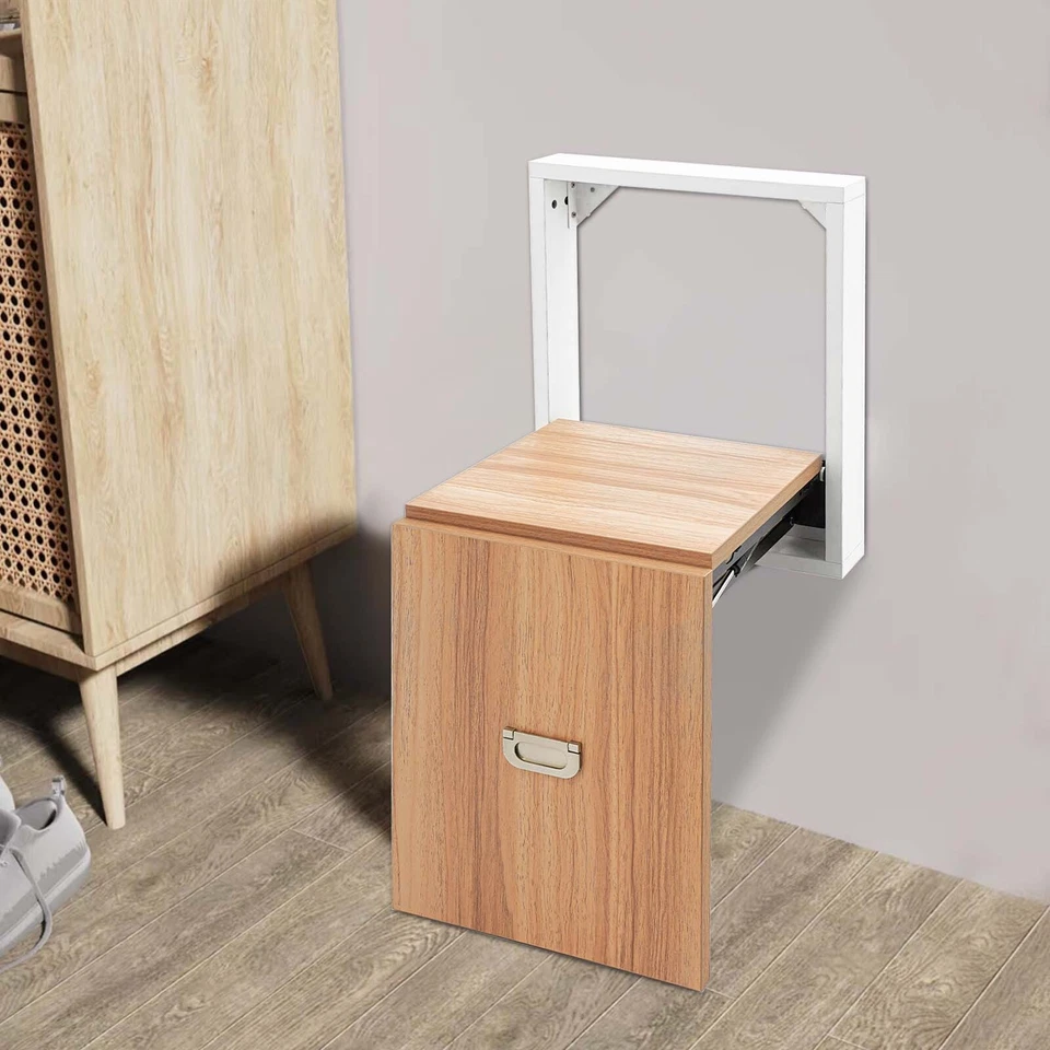 Folding Shoe Changing Stool Wall Mounted Chair White(Frame)+Walnut Color (Stool) - Image 3 of 4