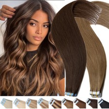 20-60pcs Tape In Human Hair Extensions Full Head 100 Remy Straight Brown 40 PCS
