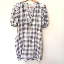 TOLULAH Womens Beige Black Plaid Cotton Pockets Shift Casual Resort Dress Size S