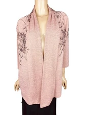 Sharagano Studio Long Cardigan Sweater Wrap Sz L Pink w Black Design Open Front