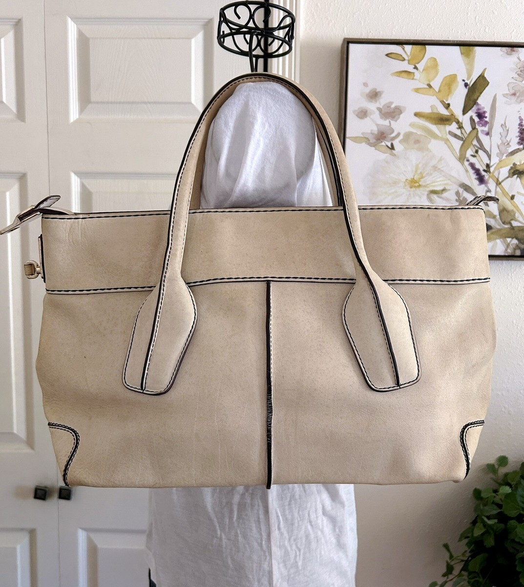 Auth TOD'S D-Bag Beige Leather Tote Handbag Purse