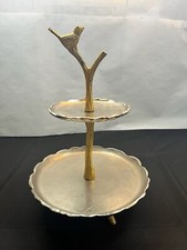 Silver Metal 2 Plate tier Serving Tray  ~ Golden Branch Bird ~ India 16” Tall