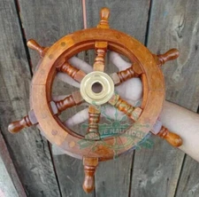 12"Nautical Wooden Brass ship Wheel Pirate Wall Decor Marine boat Steering Wheel