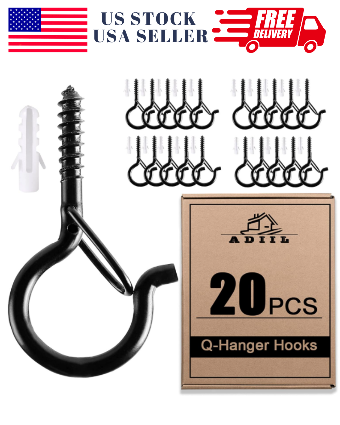 20-Pack Q Hanger Hooks with Safety Buckle - Windproof Screw Hooks for Outdoor Hanging