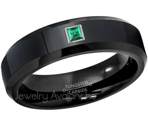 0.05ctw Princess Cut Emerald Ring, 6mm Polished Black Tungsten Wedding Band #168 - Picture 3 of 5