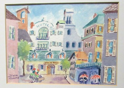 MISTER ROBERTS HOTEL LA ROUGE ORIGINAL WATERCOLOR STREET SCENE PAINTING