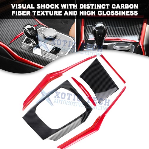 Red+Carbon Fiber Style Gear Box Shift Cup Panel Cover For BMW 3 Series G20 19-21 - Picture 4 of 12