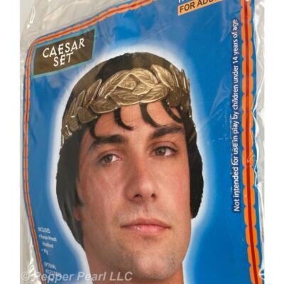 Caesar Set Black Wig Roman Wreath Headband Toga Costume Accessory New Old Stock 