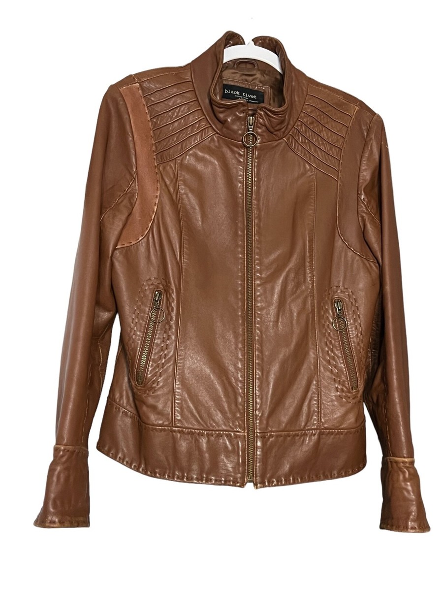BOTT Stitched Leather Jacket 定価14万3千 Black Rivet Genuine Leather Jacket Ladies VTG Size L Hand Over
