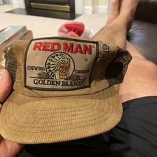 VTG Red Man Chewing Tobacco Hat Cap Trucker Corduroy Big Patch Golden Blend READ