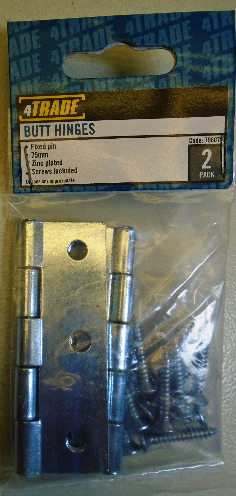 4TRADE 796079 Zinc Plated 75mm Fixed Pin Butt Hinges Pack of 2 c/w Screws