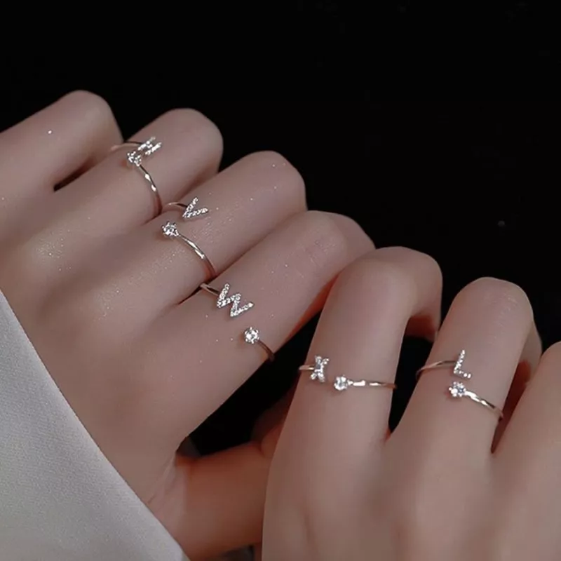 A-Z 26 Capital Zircon Letter Adjustable Gold Plated Open Finger Ring Women Gift