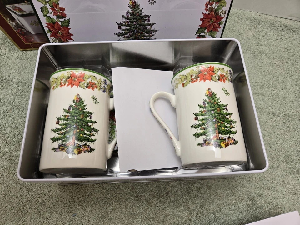 2 Spode Christmas Tree Tea Coffee Cups with Coasters In Metal Decorative Tin Set - Image 2 of 4