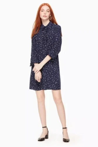 Abito camicia seta Kate Spade cielo notturno blu e bianco taglia XS $378