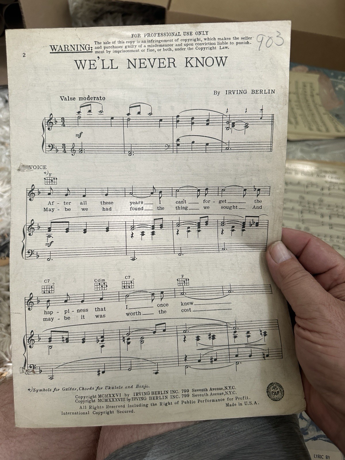 F 1938 Irving Berlin Sheet Music ‘We’ll Never Know’  ADVANCE ARTIST