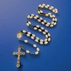 Vintage Catholic Ribbed White Milk Glass Rosary Silver Tone Crucifix, France