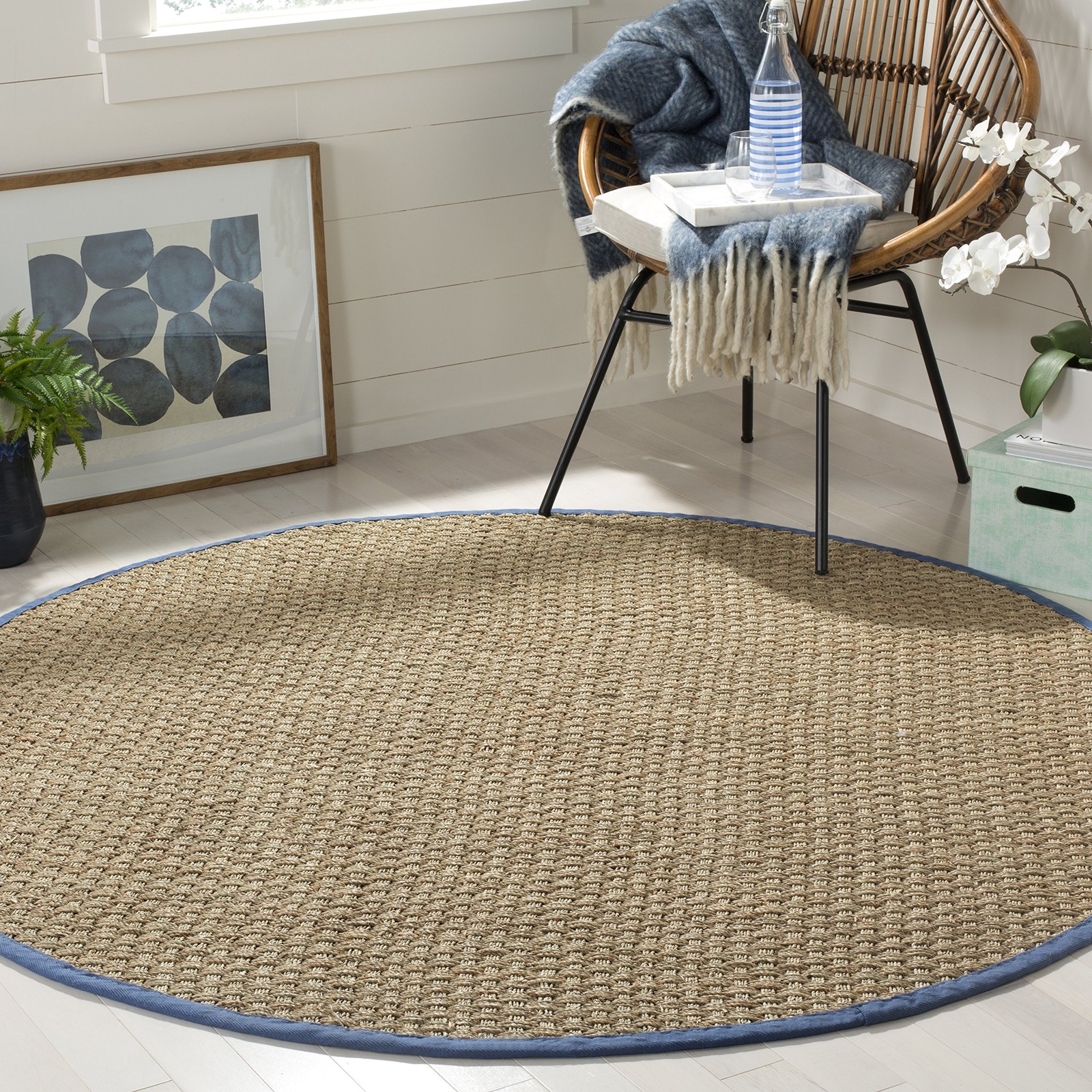 Navy 4ft Round Seagrass Rug with Basketweave Border NF114T Natural Fiber  