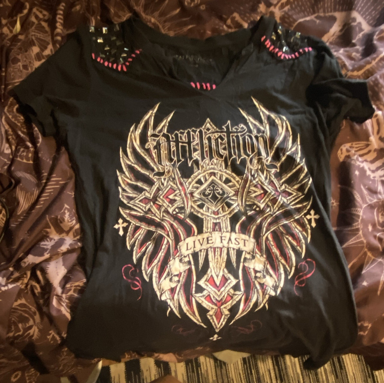 Affliction Live Fast Men's Crew Neck Graphic Studded T-Shirt Black L