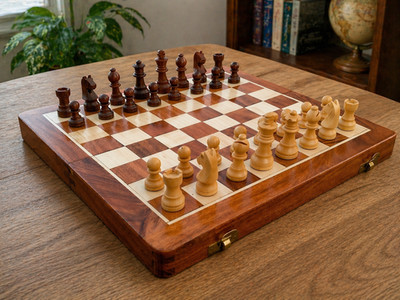 Indian Wooden Travel Folding Chess Board 12'' Inch With Magnetic Chess Pieces Set