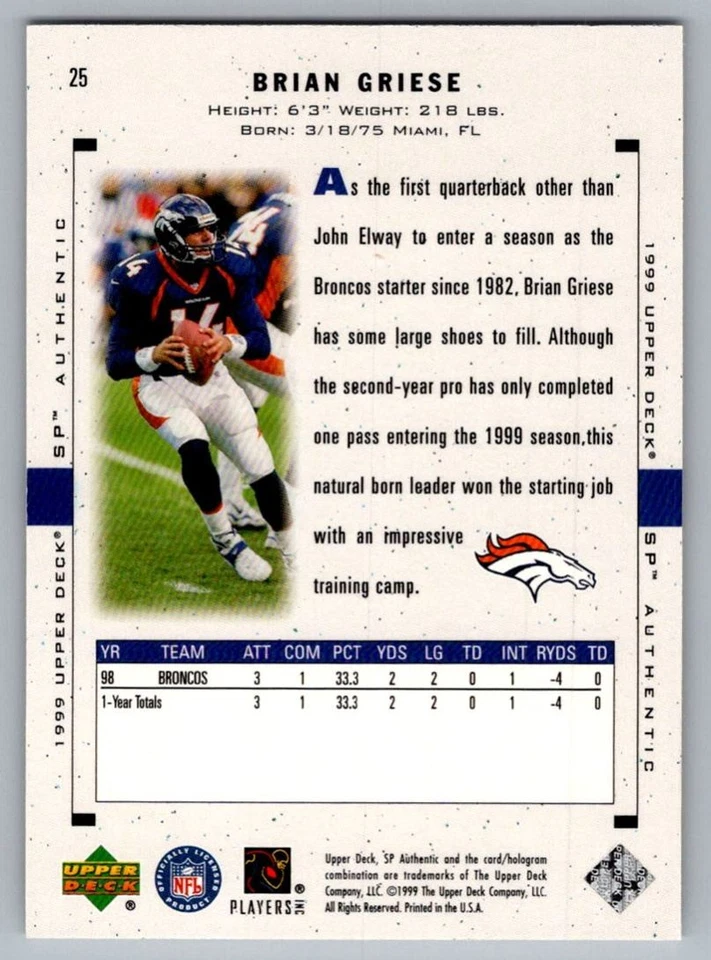 1999 SP Authentic Brian Griese Denver Broncos #25 - Image 2 of 2