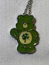 Vtg Care Bear Green Good Luck Bear Pendant Enamel Charm Necklace Metal Silver