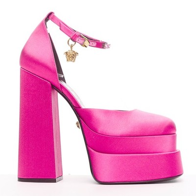 VERSACE Runway Aevitas 155 pink satin gold crystal Medusa double platform EU40