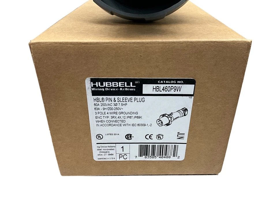 Hubbell HBL460P9W WATERTIGHT PIN AND SLEEVE PLUG 60A 3 PHASE 250VAC 3 POLE - Image 2 of 2