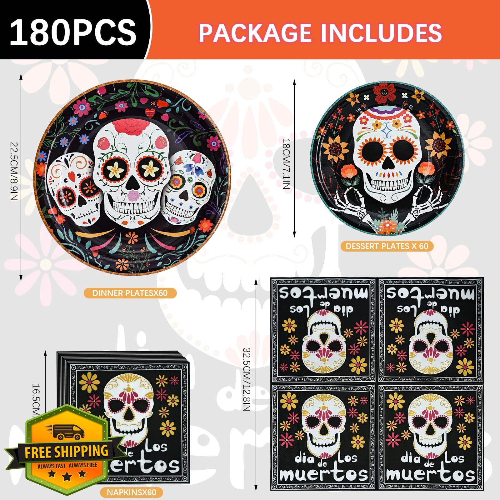 180pc Day of the Dead Plates and Napkins - Sugar Skull Fiesta Set