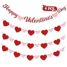 4PCS Valentine Decorations, Felt Happy Valentines Heart Banner, Red Pink V-day