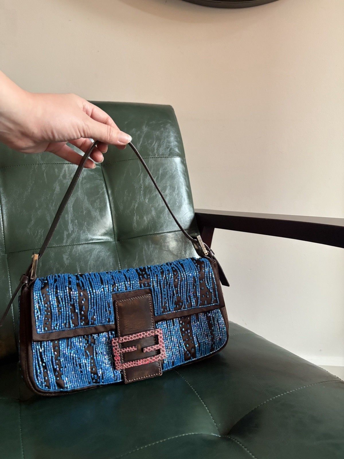 Fendi Dark Brown Satin Blue Beaded Vintage Baguette Pink Exotic Lizard Buckle