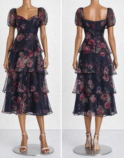 Lulus Oh-So Stunning Organza Tiered Midi Dress Womens Blue Magenta Floral