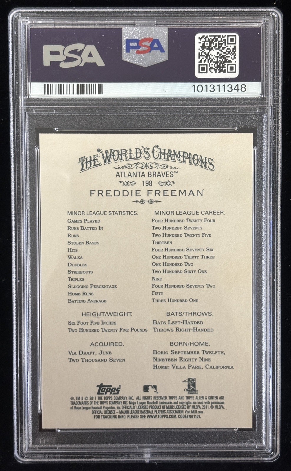 2011 Topps Allen & Ginter Atlanta Braves Freddie Freeman Rookie Gem Mint PSA 10 view 2