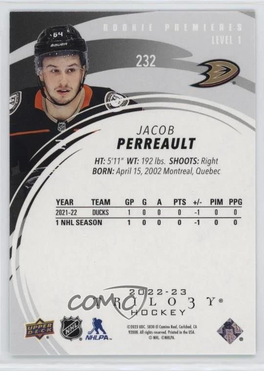2022-23 Upper Deck Trilogy Premieres /299 Level 3 Jacob Perreault #232 Rookie RC - Image 2 of 2