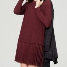 Loft Pleated Dress · Long Sleeve Crew Neck Knee Length  · Medium · Burgundy 