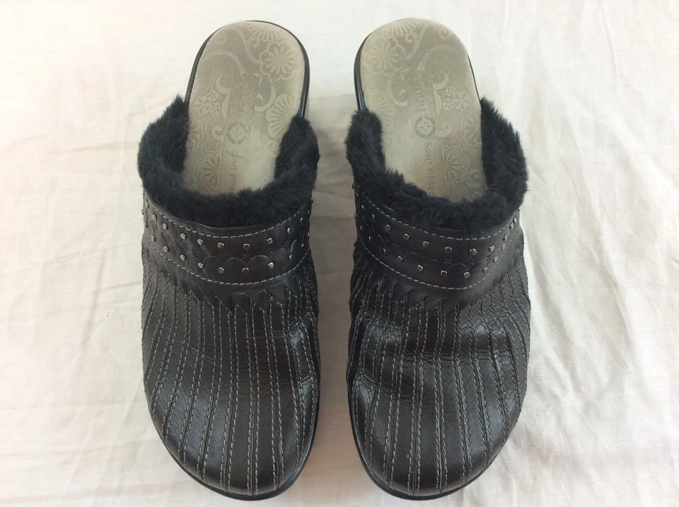 Jambu 女式 7 M 码银色耳钉黑色皮革和模糊毛皮骡子鞋 — 第 4/4 张图片